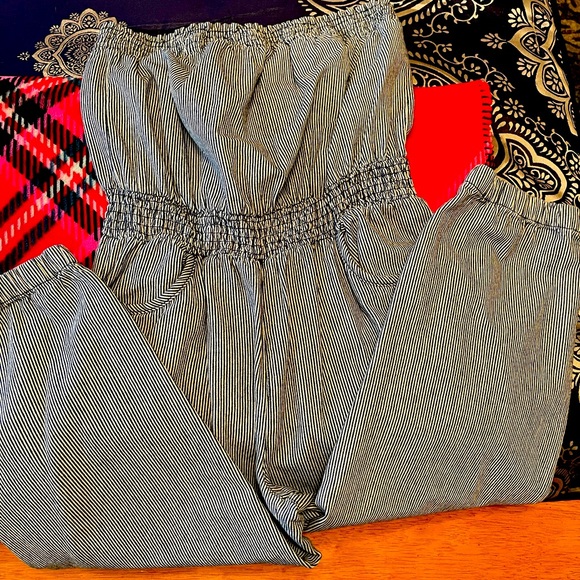 Love By Design Pants - Ladies large tube top jumpsuit. Denim blue and white.